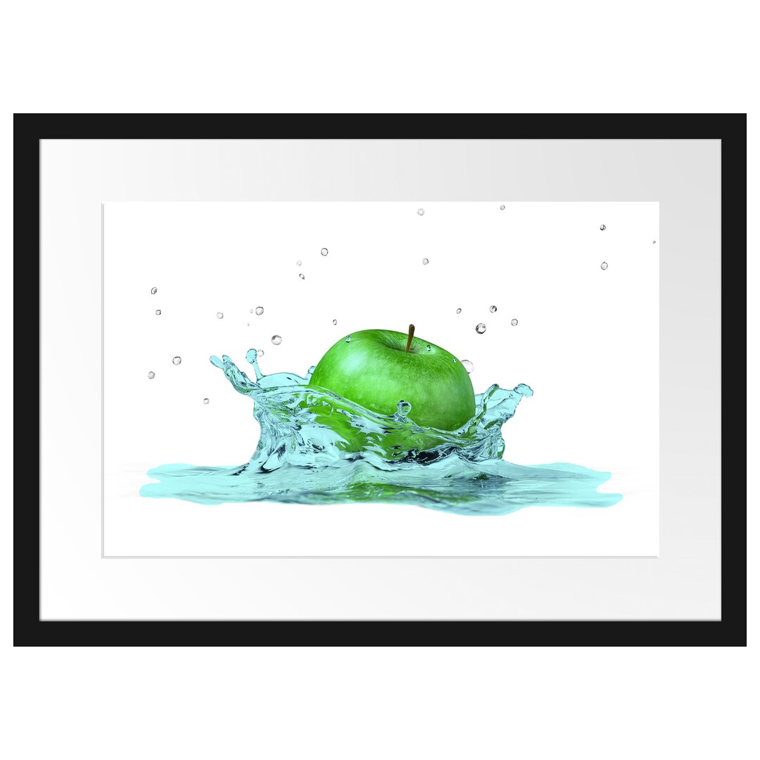 Gerahmtes Poster Green Apple Apfel Fällt in Wasser