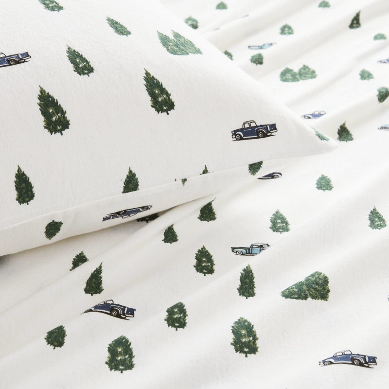 Drap-housse 4 pièces, arborant des camions et des arbres, 100% flanelle de coton, entièrement élastiqué et ajusté, lavable à la machine, ne comprend pas de substances nocives avec imprimé de camions, velours brossé des deux côtés