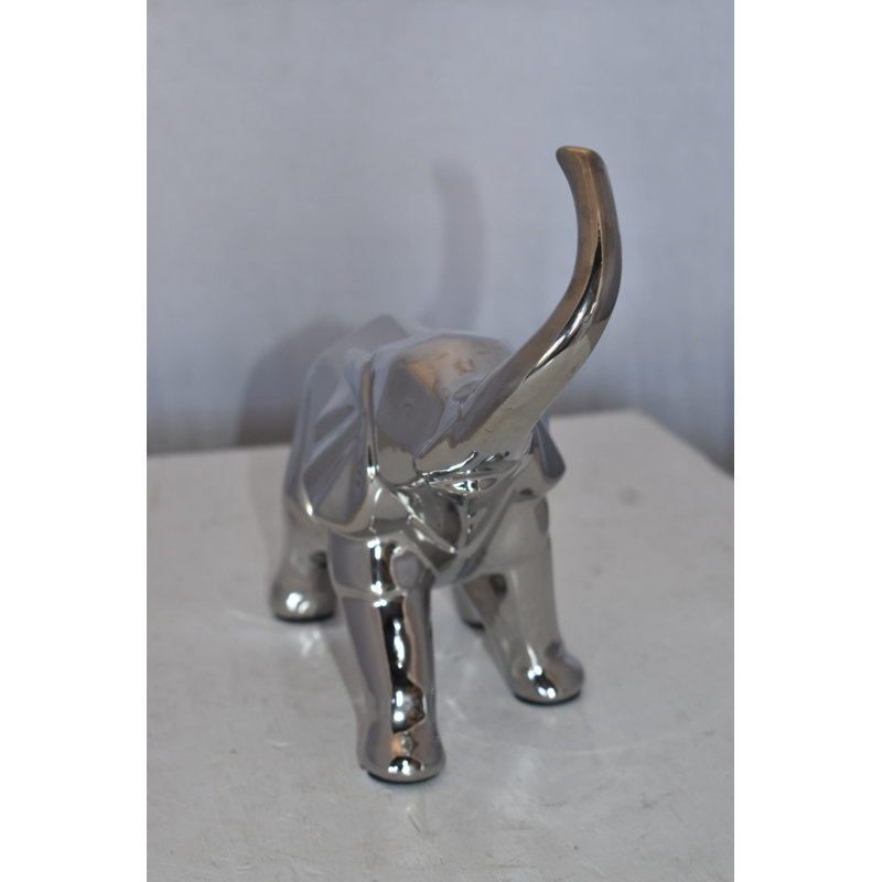 Silver Ceramic Elephant Statue with High-Polish Finish
