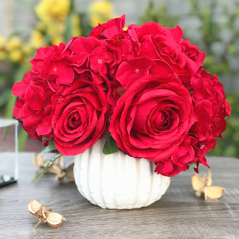 Arrangement floral artificiel ouvert et hortensia en pot, Rouge
