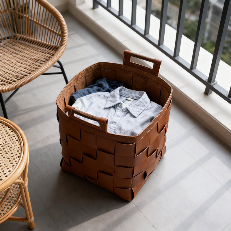 Panier à linge avec poignées en cuir French Chic, Brun