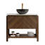 Meuble-lavabo de salle de bain 36 po Indigo, armoire de rangement autoportante en contreplaqué avec 2 portes diagonales et tablette ouverte, lavabo en céramique à motif de pierre noire et plateau en pierre frittée blanc de Carrare, grain de bois noyer foncé-130369468-130369474