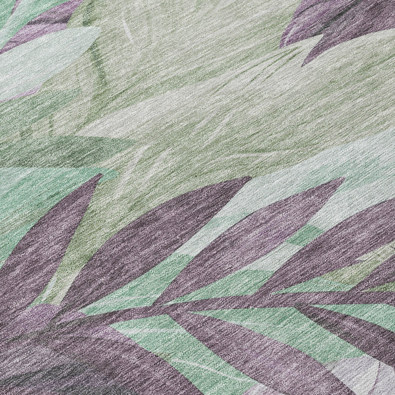 Lavender and Green Tropical Leaf Washable Indoor/Outdoor Rug