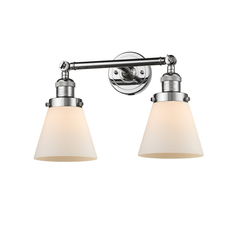 Éclairage de meuble-lavabo inclinable 2 lumières Cone, Boîtier blanc mat, Ampoule à DEL rétro de 6 watts, Chrome poli