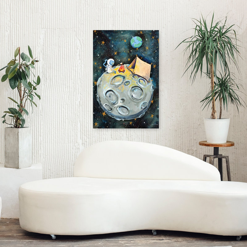 Camping astronaute fantaisiste, art contemporain abstrait, H 36 po x l 24 po