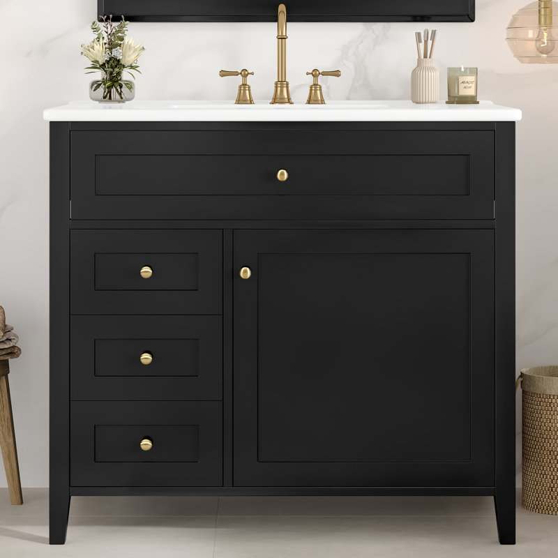 Meuble-lavabo noir 36 po avec lavabo, Noir et or