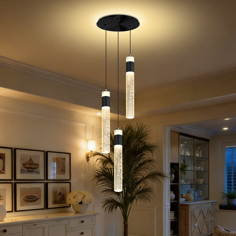 Lustre moderne à 3 lumières en cristal à bulles, luminaire suspendu pour entrée, cuisine ou îlot central, noir