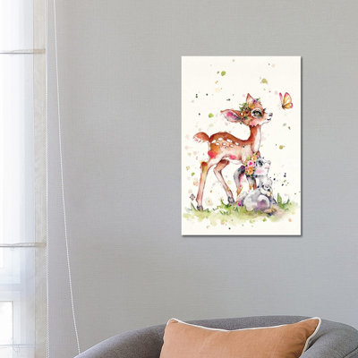 Sweet Woodland Friends (Deer & Bunny) by Sillier Than Sally - Wrapped Canvas Painting