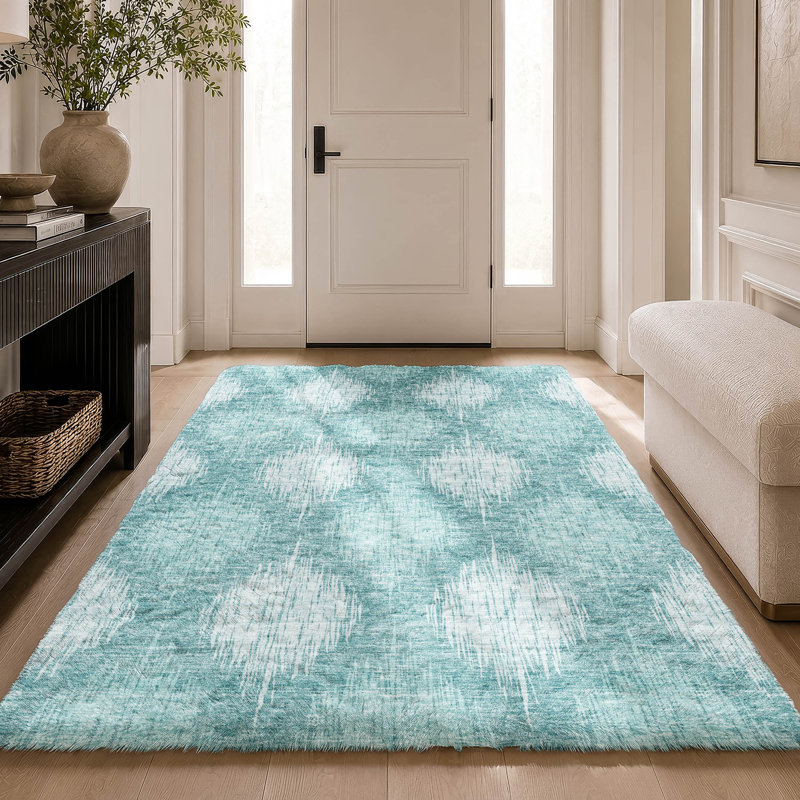 Tapis Ikat ADS849 de qualité supérieure lavable à la machine, Sarcelle, 3 pi x 5 pi