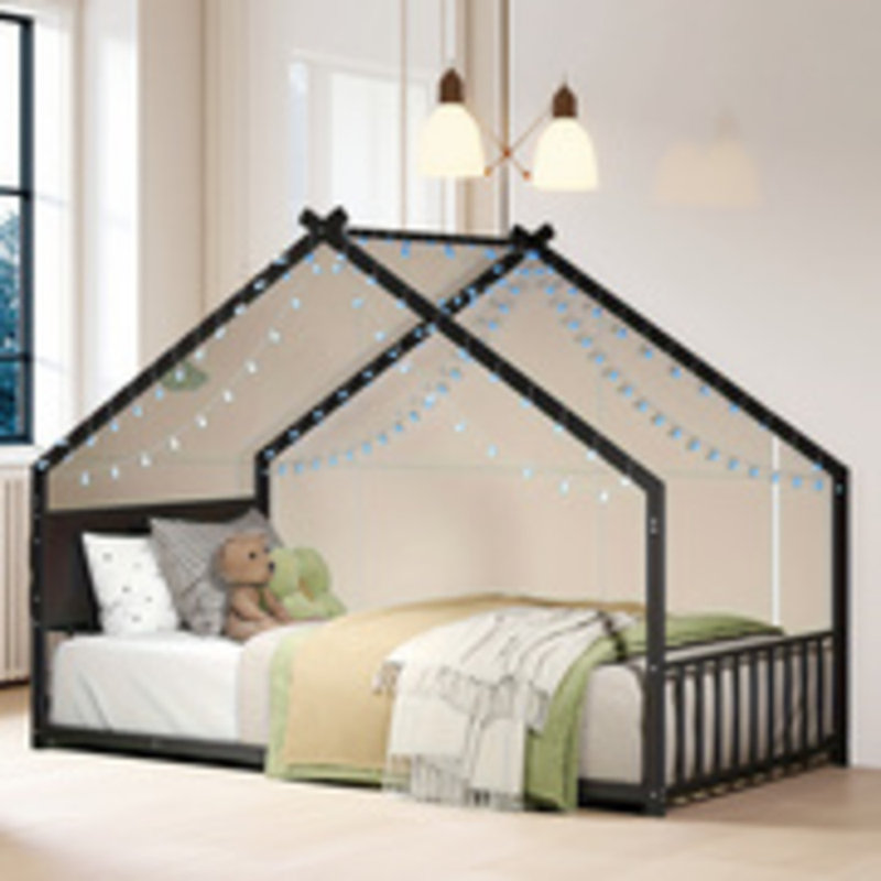 Lit simple pour enfant avec toit et lumières à DEL, structure en métal robuste (sans sommier tapissier), bas pour les adolescents