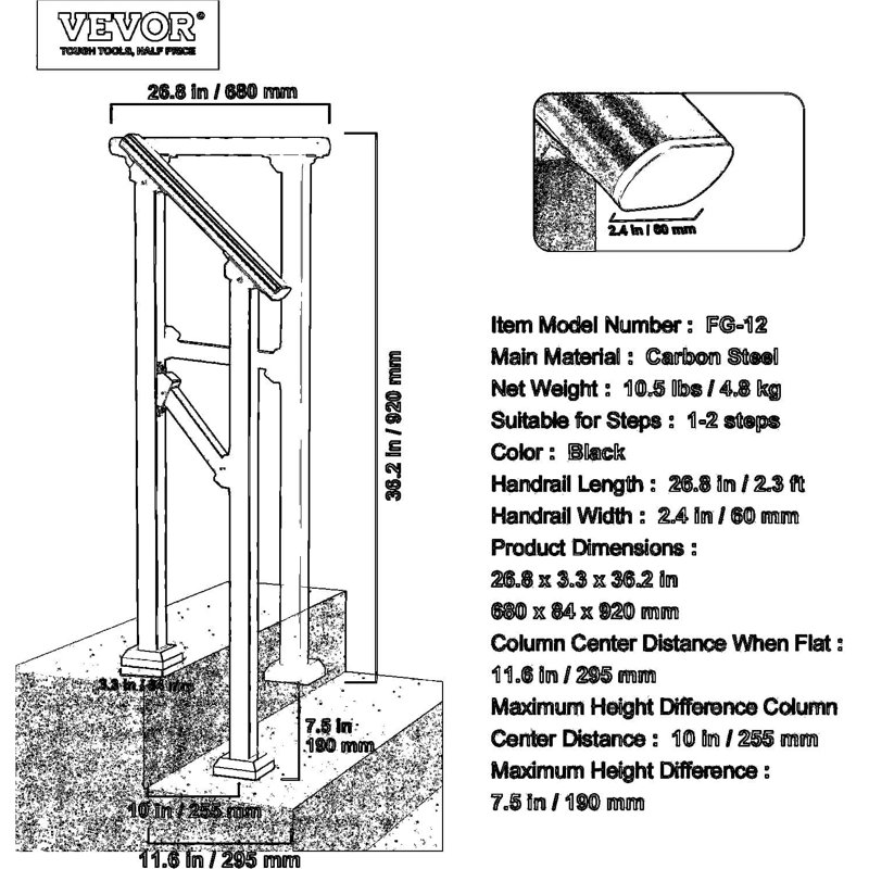 Outdoor Stair Handrail Kit For 1-2 Steps, Heavy-Duty Transitional Steel Railing With Installation Hardware, Safety Rail For Seniors, Concrete Porch Deck And Steps