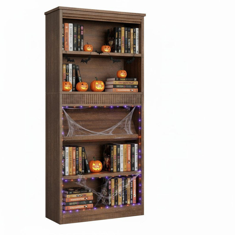 71 inch Tall Farmhouse Bookshelf with Fluted Design, 5-Tier Bookcase, Rustic Wood Shelves with Sturdy Base for Office, Library, Living Room Storage