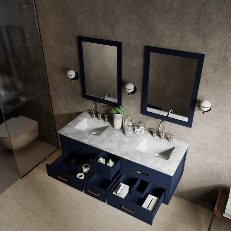 Ensemble de meuble-lavabo double 60 po, Bleu, Marbre de Carrare blanc