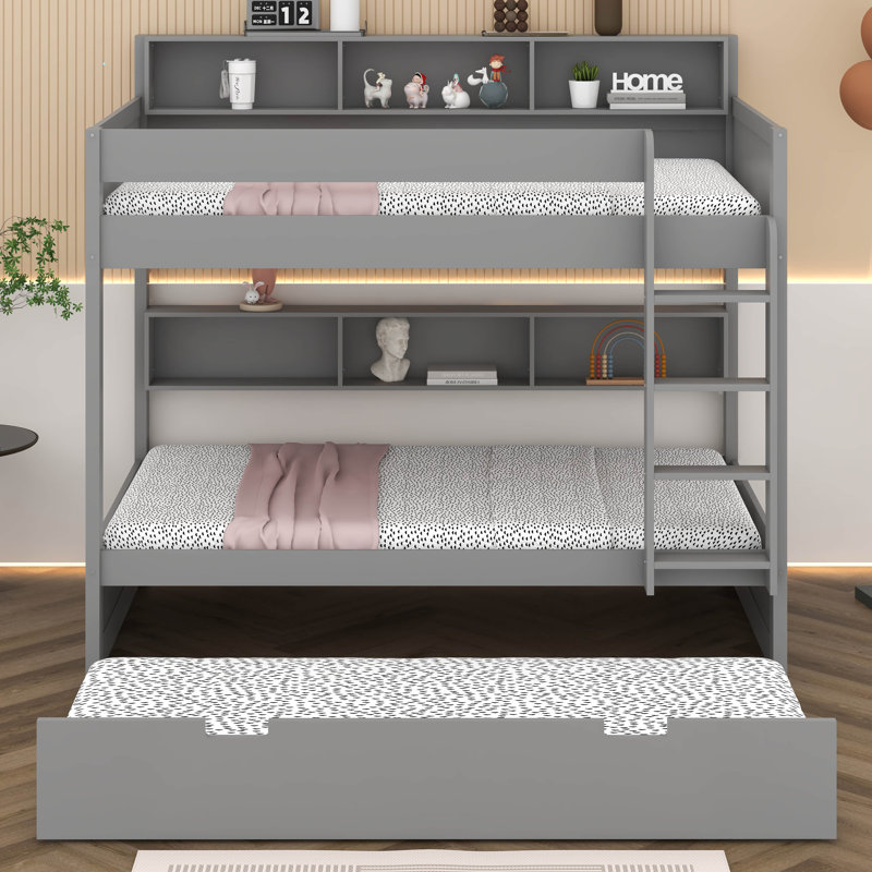 Lit superposé avec rangement et lit gigogne, structure de lit superposé en bois peu encombrante avec tablettes de chevet