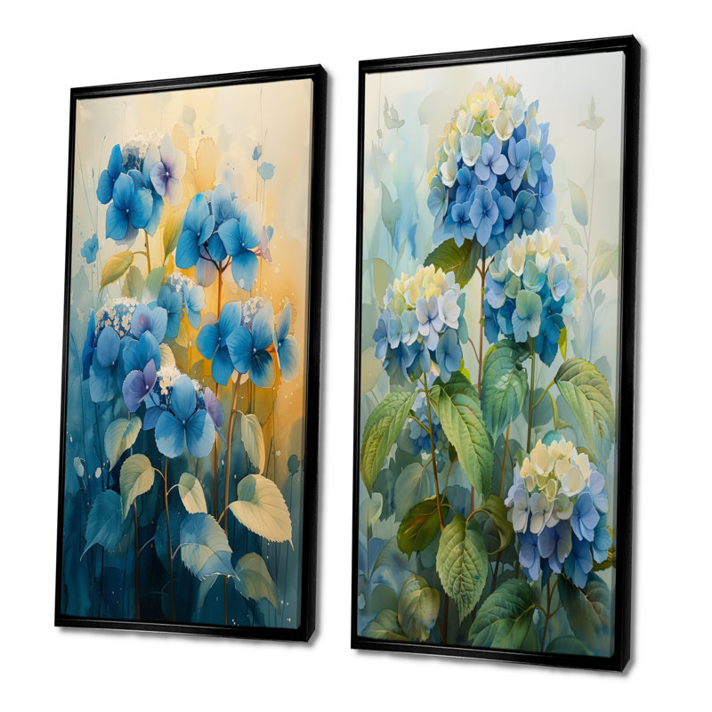 Ensemble d'hortensias muraux bleu et vert, H 32 po x l 32 po, Noir, noir, noir, noir, Impression encadrée