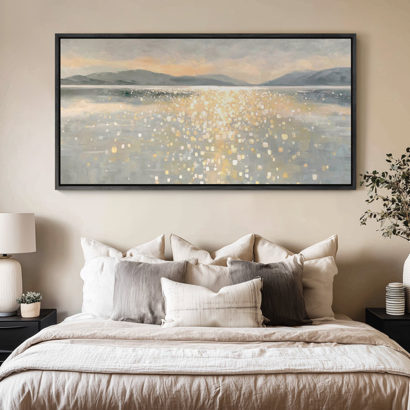 Framed Canvas Wall Art - Serene Lake Horizon with Golden Light Reflection - 16"x24", 24"x36", Black, 30" H x 60" W