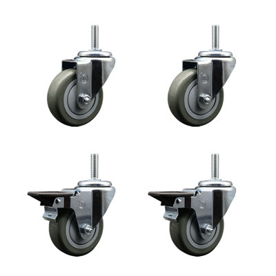 3.5 Inch_Poly Wheel Swivel 5/8 Inch Threaded Stem Caster Set 2 Brakes
