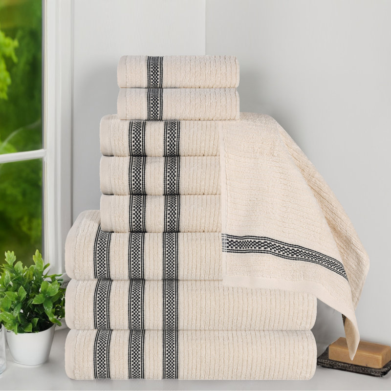 Orley Zero Twist Cotton Ribbed Modern Geometric Border Soft Highly-Absorbent Assorted 9 Piece Bathroom Towel Set, Ivory