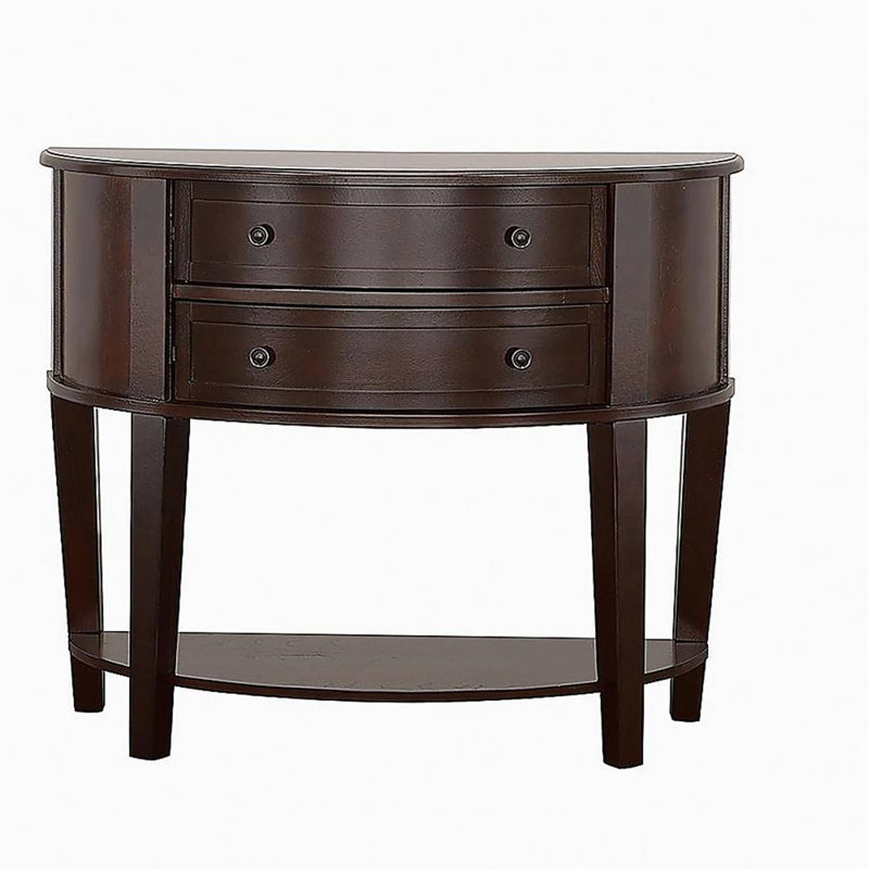 Table de bout d'entrée semi-circulaire traditionnelle 1 pièce avec 2 tiroirs, finition brun cappuccino, meubles de salon, avec base semi-circulaire