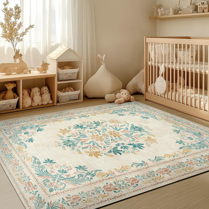 Vintage Floral Distressed Design Non-Slip Low-Pile Soft Thin Faux Wool Area Rug, Rectangle 4' x 6'