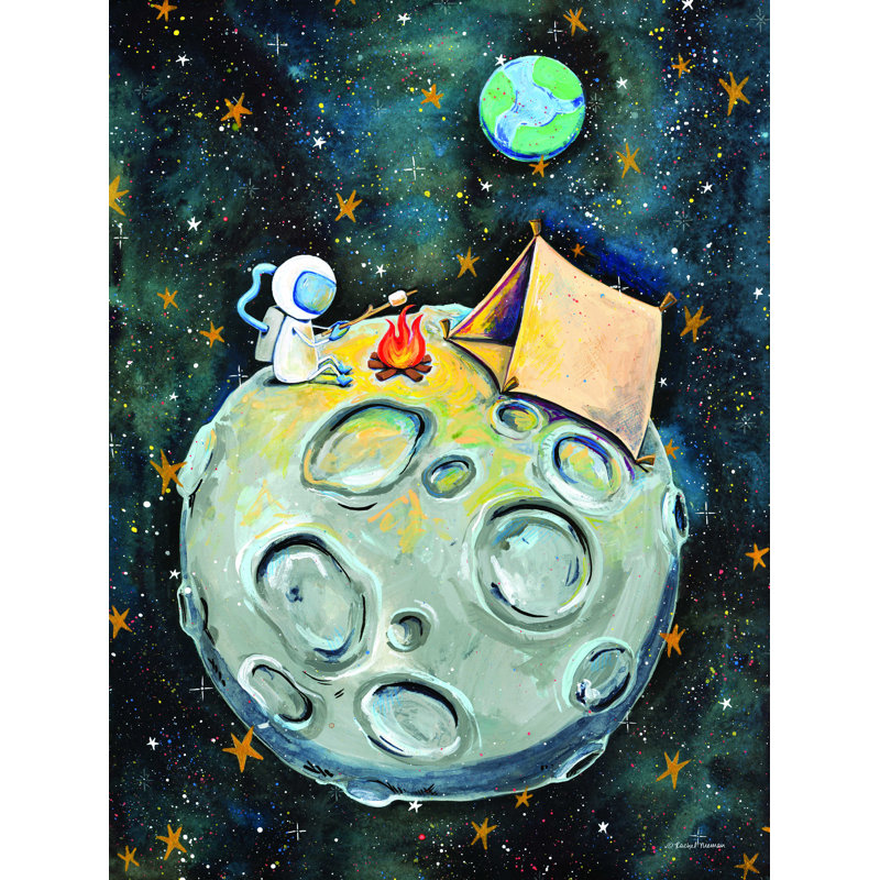 Camping astronaute - peinture sur toile tendue, H 24 po x l 18 po