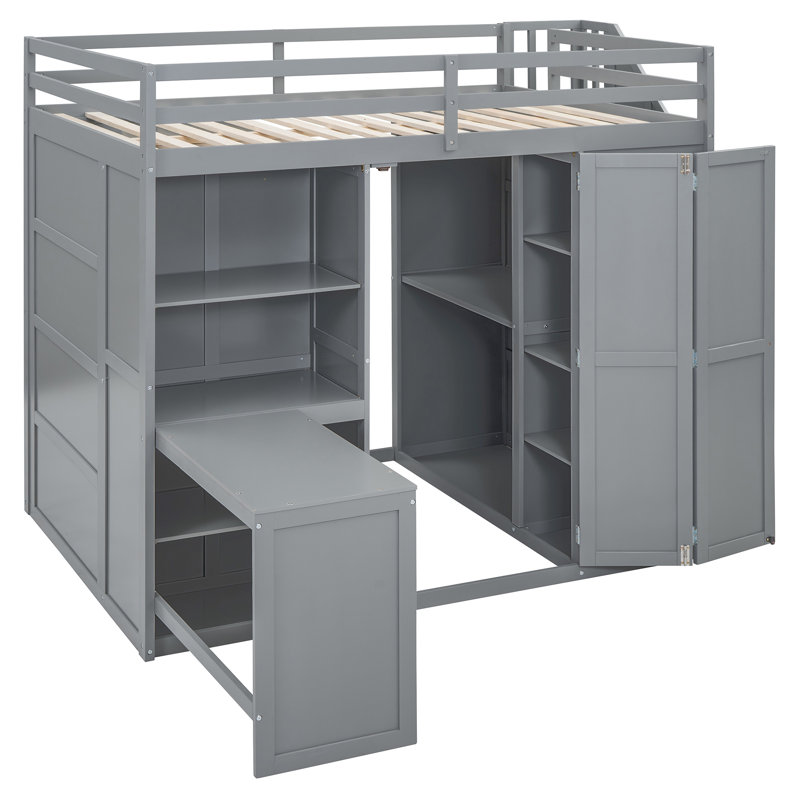 Full Size Bunk Bed with Wardrobe,Desk and Shelves,, Grey