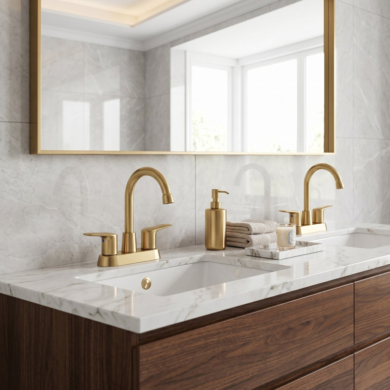 2-handle Bathroom Faucet with Drain Assembly, Gold