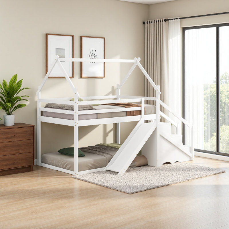 Lit simple mezzanine ou superposé avec glissade et escalier, Blanc