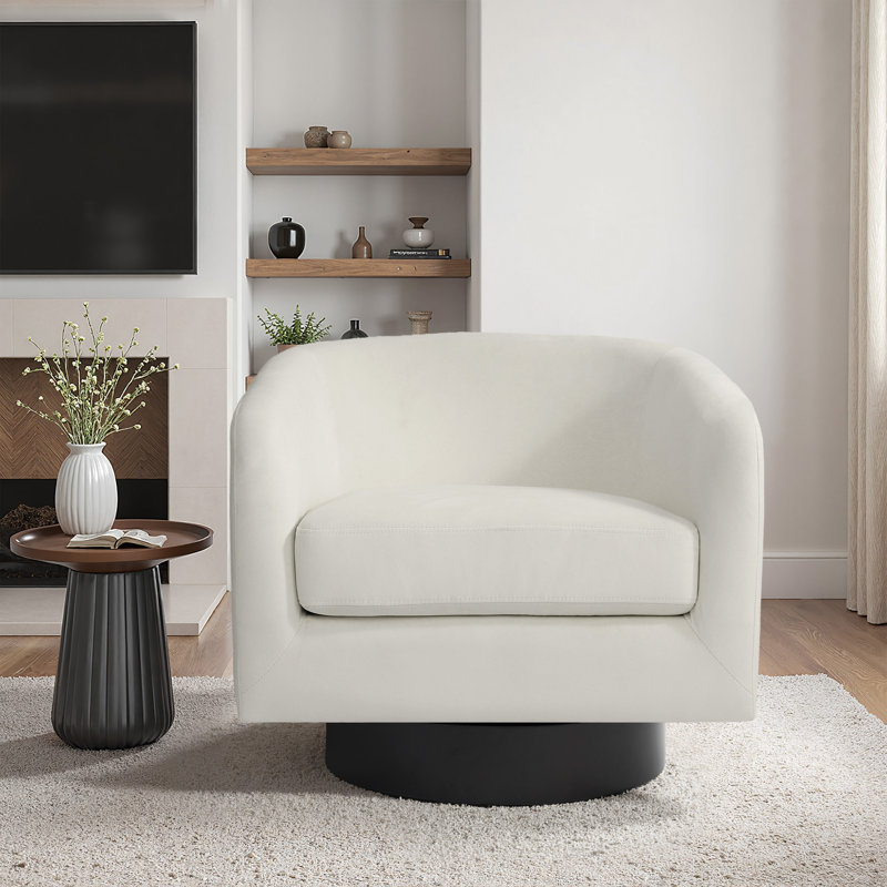 Velvet Upholstered Swivel Barrel Chair, Ivory