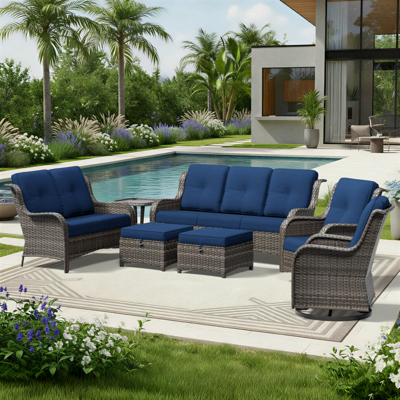 Ensemble de conversation de patio 7 pièces en osier avec coussins Holoman, 7 Pcs:Table, Sofa, Loveseat, 2 Chairs, 2 Ottomans