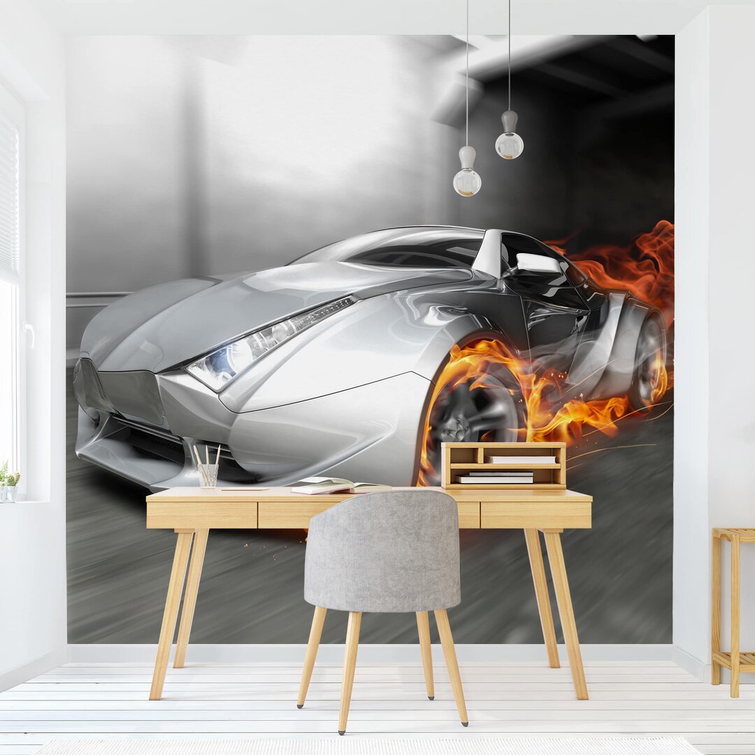 Strukturierte Fototapete Supercar in Flames 3,36 m x 336 cm