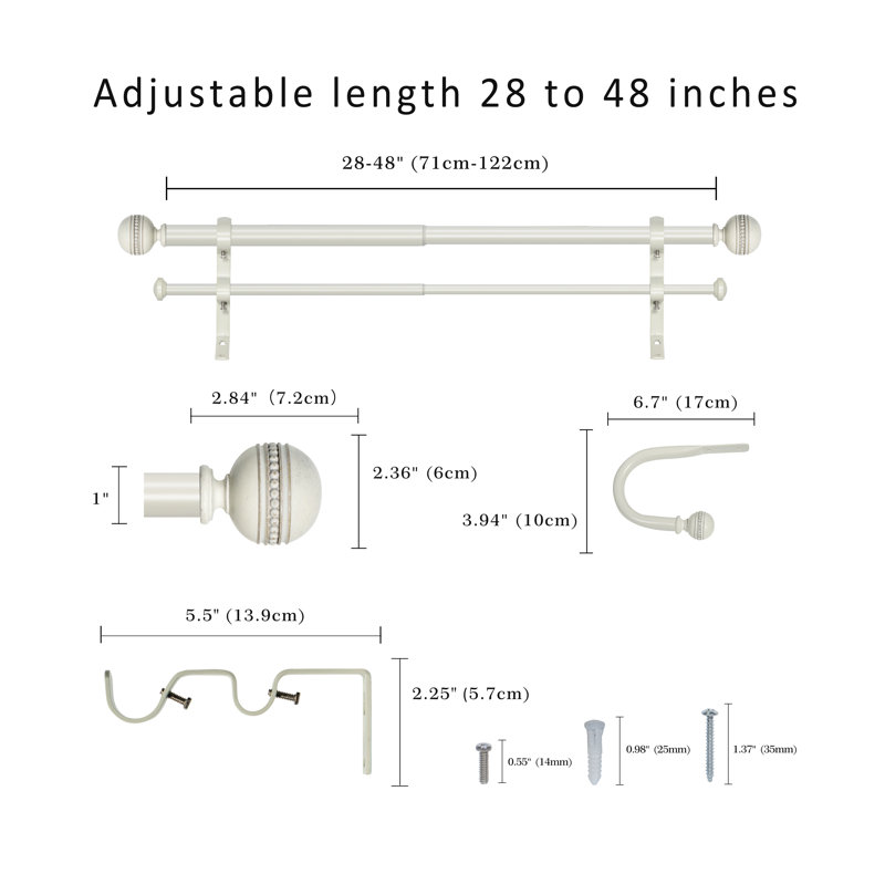 Tringle à rideaux double Camilah, Blanc, 28" - 48"