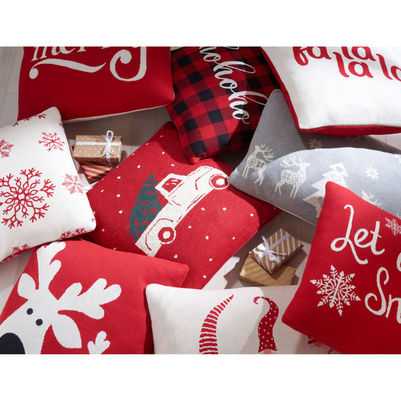 Grey Cotton Christmas Pillow with Reindeer and Snowflakes