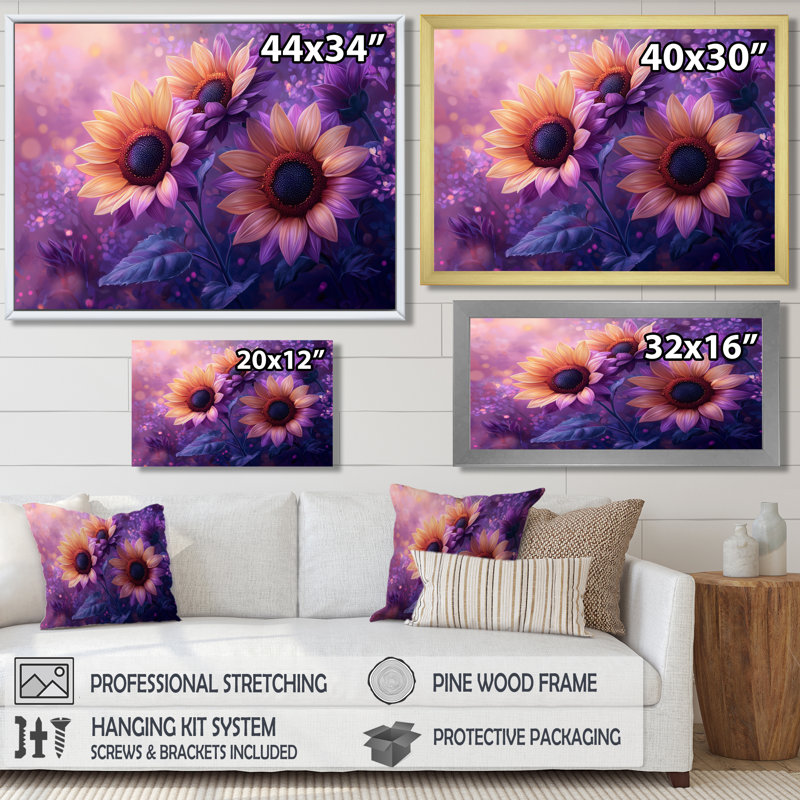 Draedon mauve, teintes de coucher de soleil, champ de tournesols II - art mural tournesols pour le salon, H 30 po x l 40 po