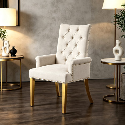 Upholstered Dining Chair with Arms, Button Tufted High‑Back Accent Chair, Chenille Fabric Dining Side Chair with Nailhead Trim, S‑Spring Cushion & Polished Gold Stainless Steel Legs, Single Chair, Beige