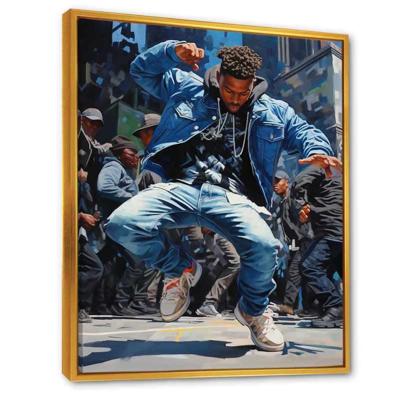 «Black and Blue Break Dance Fusion V», reproduction sur toile, Cadre flottant doré, H 40 po x l 30 po