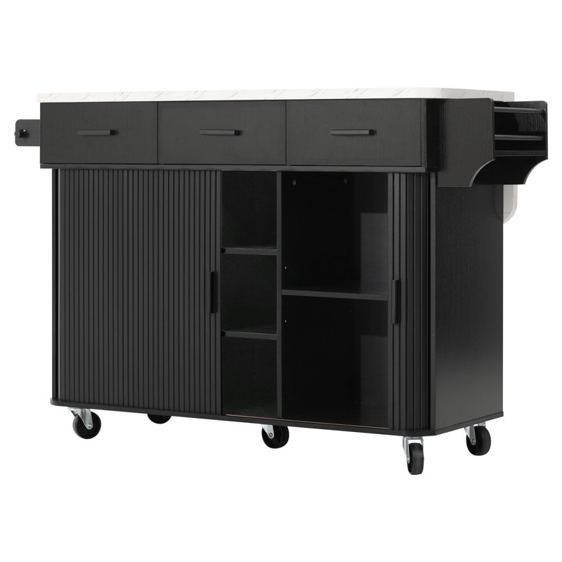 Îlot de cuisine de 136 cm avec rangement et porte coulissante, chariot de cuisine à roulettes avec prise électrique, abattant, 3 tiroirs, étagère à épices et porte-serviettes, table îlot en imitation marbre pour la cuisine, noir