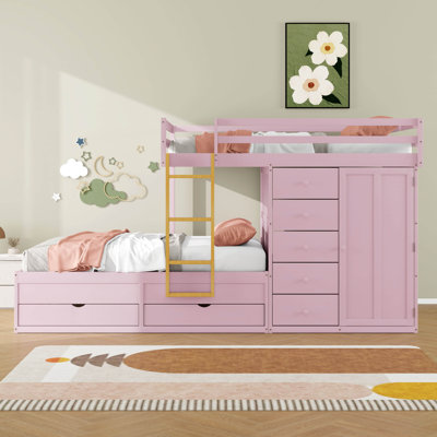 Full Size Bunk Bed With 2 Large Drawers & 5 Small Drawers, Wood Bunk Bed Frame With Wardrobe, Ladder, Guardrails