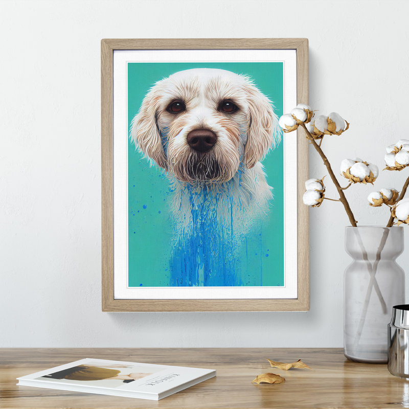 Dog In Paint - Single Picture Frame Print, 46cm H x 34cm W x 2cm D, Oak