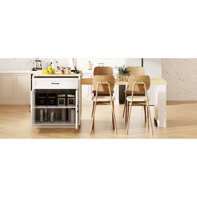 Extendable Kitchen Island With Dining Table For 2-6, 82.7", White, Double Storage Design, 2 Drawers, Side Shelf, Easy Mobility 4-6 Persons, Double Storage, Power Outlet, Shelves, Modern Chic