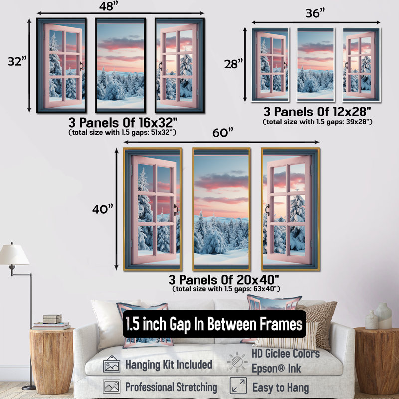 «Forest Winter Window View I - Winter Landscape», art mural, H 28 po x l 36 po x P 1 po, Cadre flottant noir