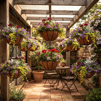 Paniers suspendus en métal de 40 cm avec doublure en fibre de coco (lot de 6), paniers à fleurs suspendus en fil de fer noir avec crochets à chaîne pour l'extérieur (porche, jardin, terrasse, balcon).