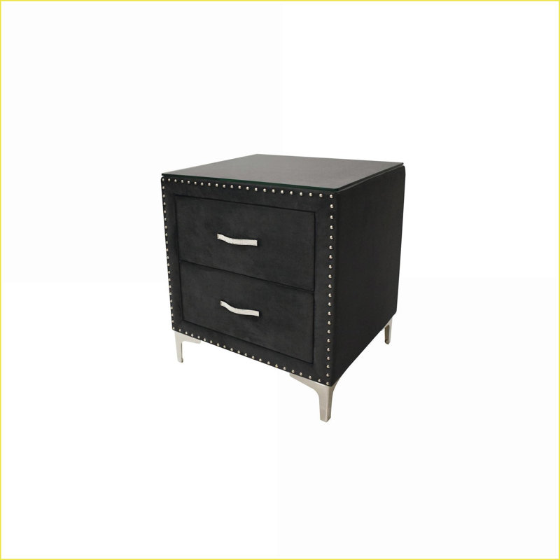 Table de chevet à deux tiroirs Glam avec capitonnage clouté & amp; Verre trempé