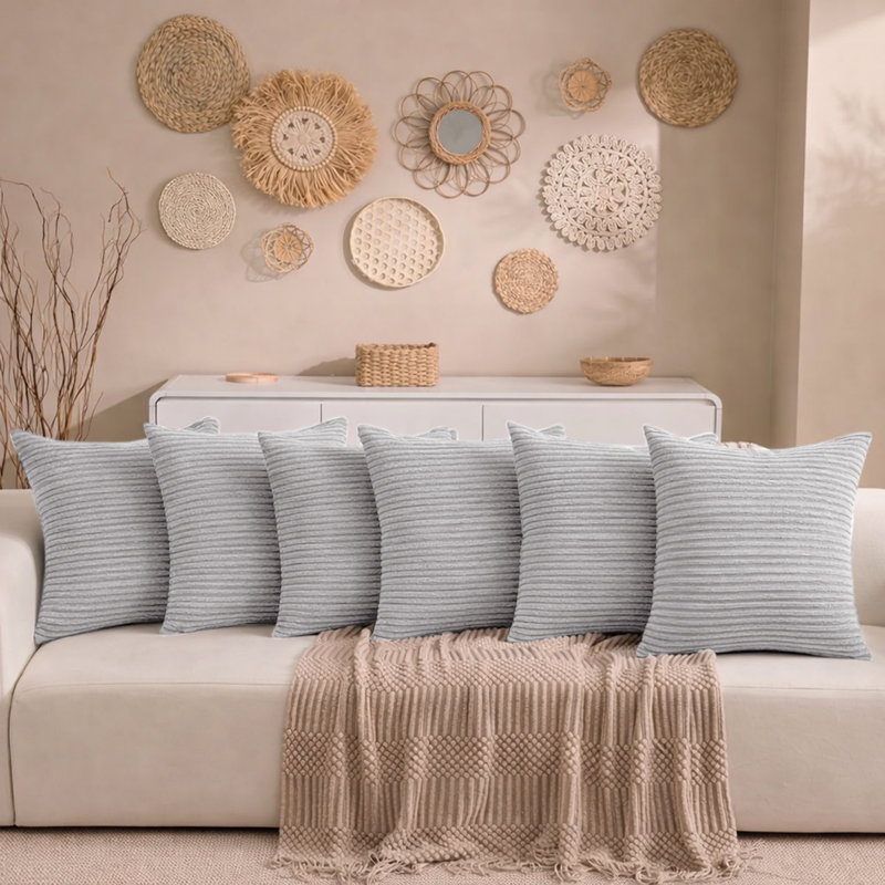 Aspire Homeware Striped Square Velvet Cushion Cover, Silver, Pack of 6