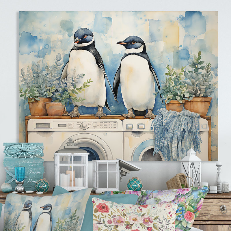 «White and Blue Penguins Laundry Room I» - Art mural en métal blanchisserie MT135147, H 30 po x l 40 po x P 1,5 po