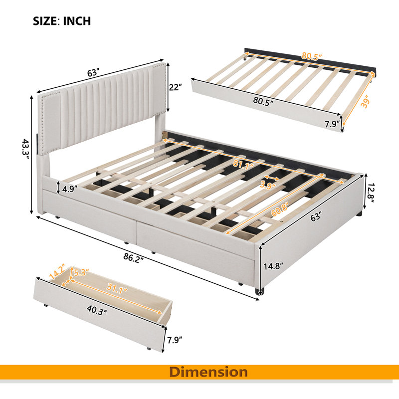 Lit plateforme tapissier avec 2 tiroirs et 1 lit gigogne simple, tête de lit classique, Grand lit, Beige