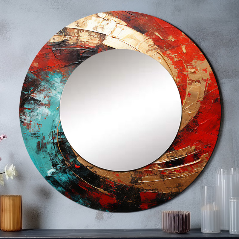 Seeya Red Blue Majestic Motion Spiral III - Abstract Spirals Unique Wall Mirror Decor, Modern Large Round Mirror, Printed Metal Art