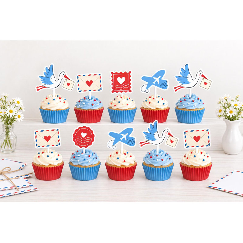 Décorations pour cupcakes en forme de cigogne par avion, enveloppes postales bleues et rouges, décorations en carton pour fête prénatale