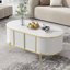 Table basse ovale moderne de luxe en forme de cannelure, table basse à dessus en marbre avec 2 armoires, pieds et poignées en métal pour le salon, blanc