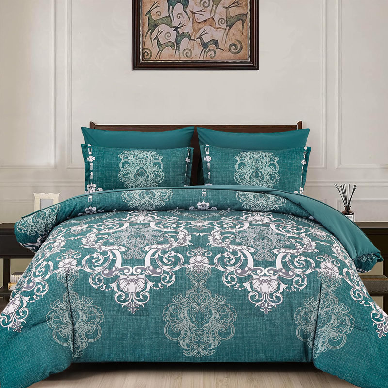Ensemble d'édredon 7 pièces à motif damassé doux, ensemble de literie légère en microfibre avec draps, taies d'oreiller et taies décoratives
